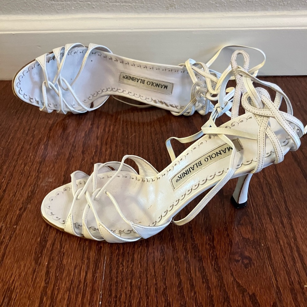 Manolo Blahnik White Lace-Up Strappy Heels